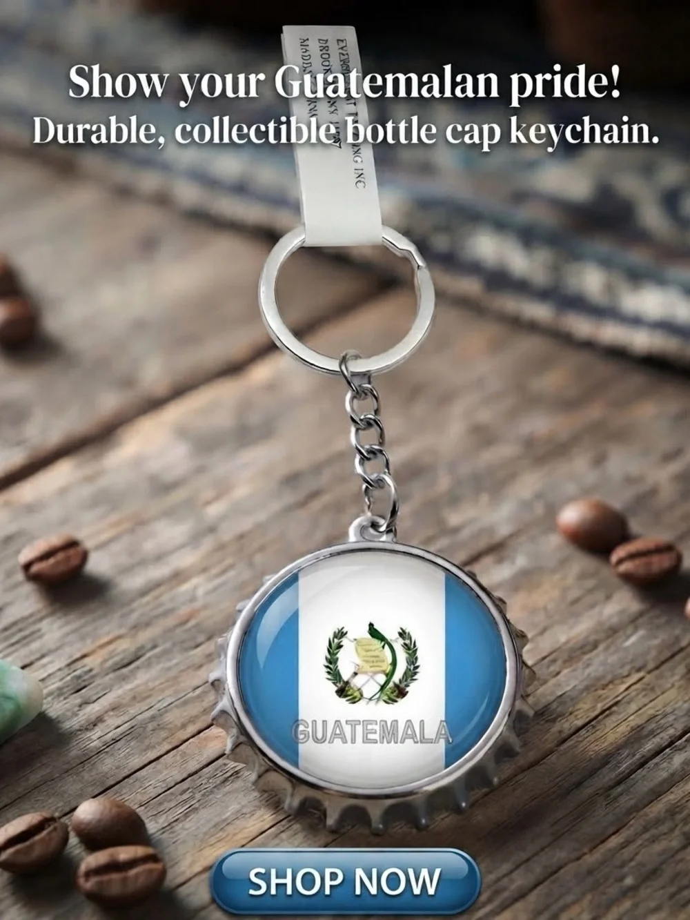 2 pack- Guatemala Flag Bottle Cap Keychain - Silver Keyring (Blue & White)